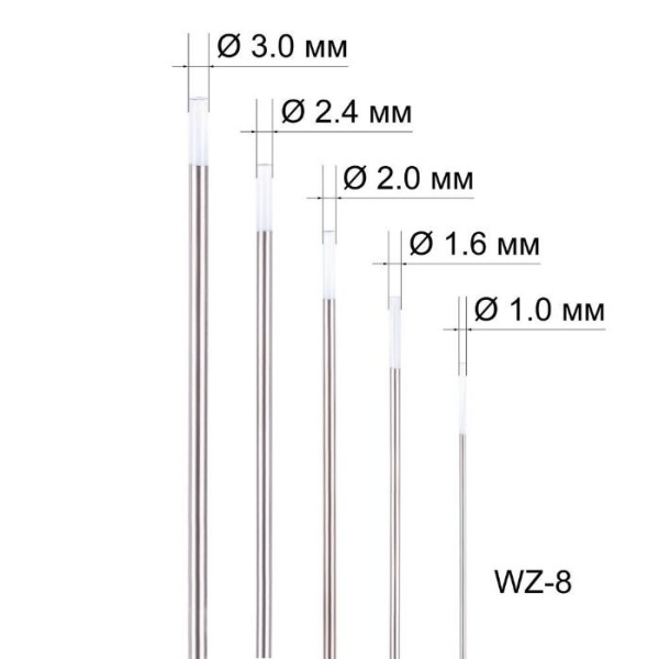 Набор вольфрамовых электродов FoxWeld WZ-8, 5 шт., Ø 1.0, 1.6, 2.0, 2.4, 3.0 мм